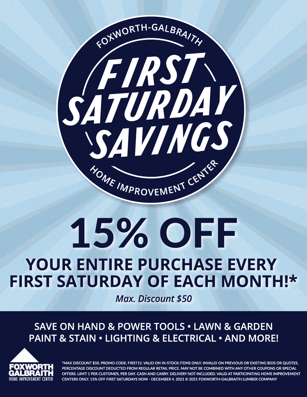 Take 15% Off Every First Saturday of the Month!