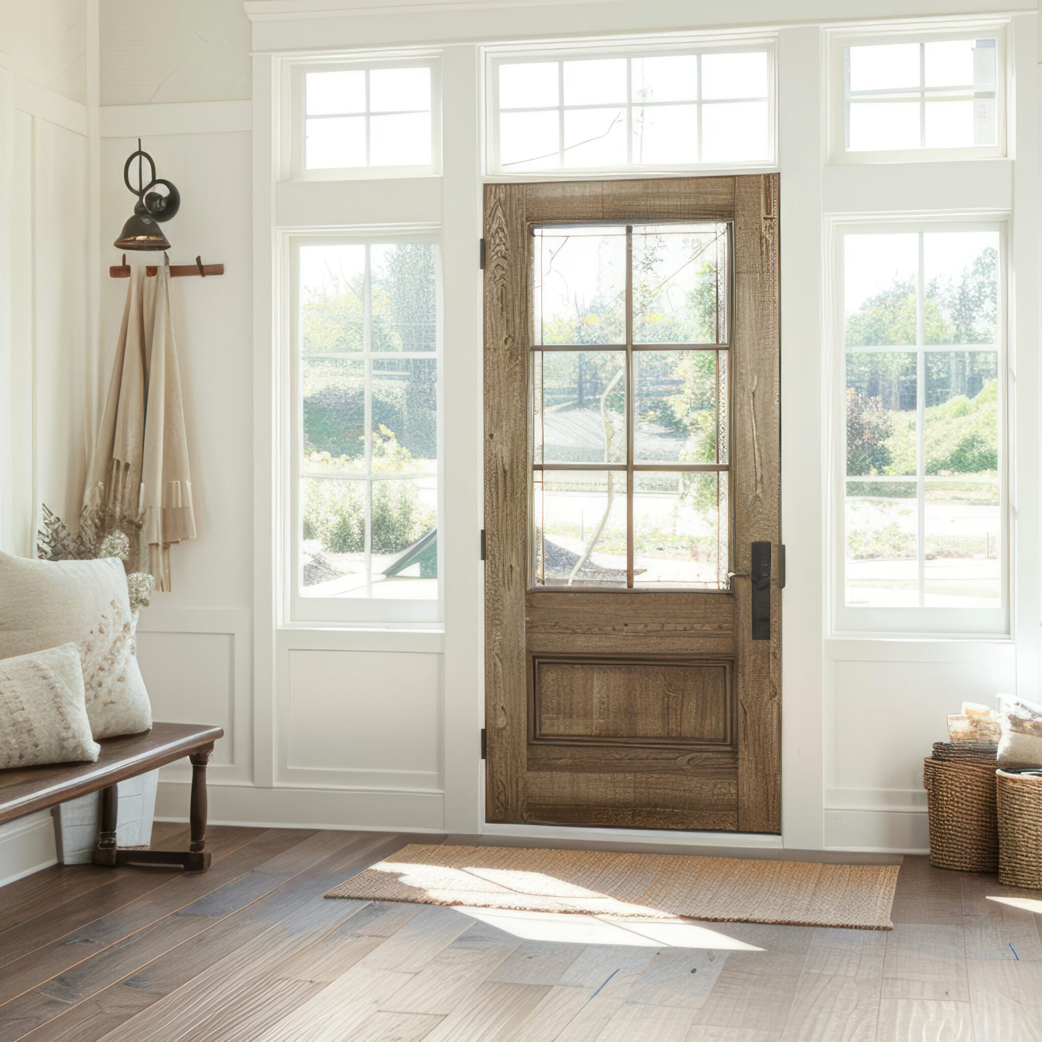 A large white staircase with a wooden banister leading up to a d